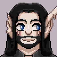 A white elf with black hair bounces and blinks.