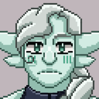 A mint-green creature with silver hair sneers at the camera.