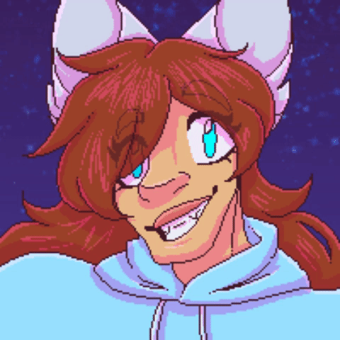 A gif of a brown haired blue eyed woman with silver cat ears blinking. She is beaming towards the camera.