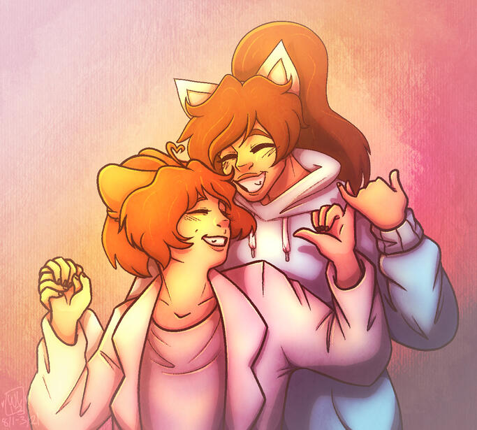 Two neko characters smile at each other and hold hands. They are in love.