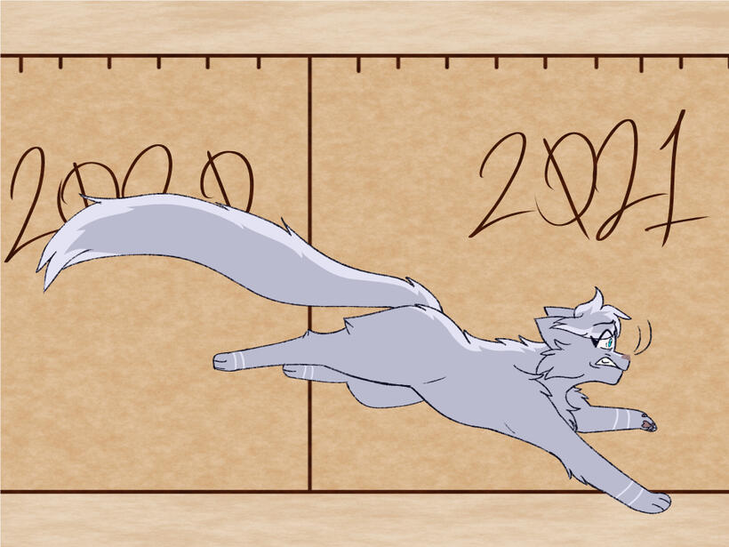 Blue cat running across screen on simple paper-like background. 2020 and 2021 are written behind her.