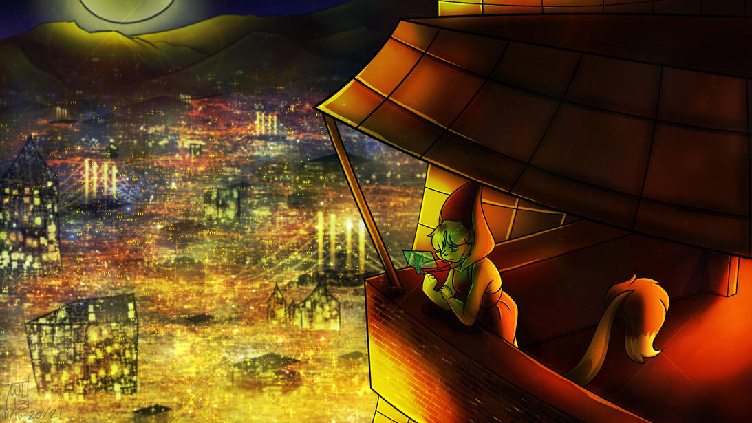 Orange furry looks at a holographic image. City lights light up the background.