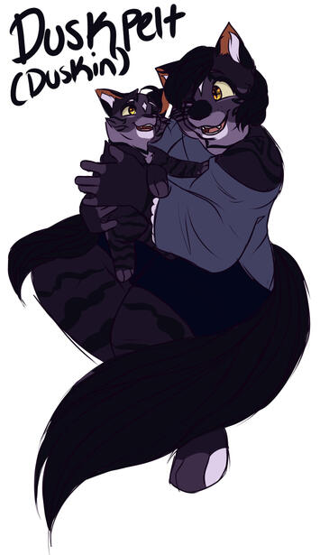 Two black cats with the same pelt pattern looking at each other. One is a furry and the other is a feral cat.