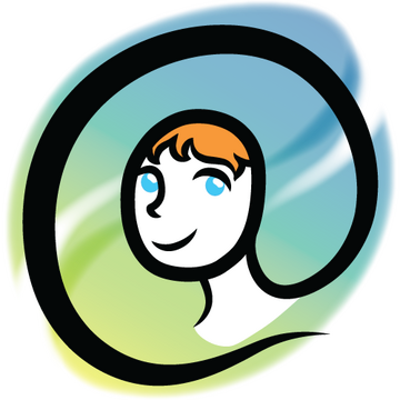 An @ symbol with a simplistic smiling face in the center with orange hair and blue eyes. The background is a blue-green swirl.